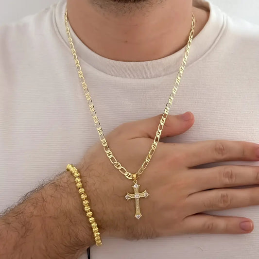 Conjunto De Caballero Con Cadena De Tejido 1X1, Dije De Cruz Cristal Y Manilla Italiana