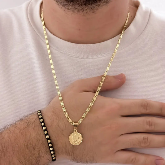 Conjunto De Caballero Con Cadena De Tejido Caracol Con Destellos, Dije Del Sagrado Rostro Y Manilla De Balines Italianos