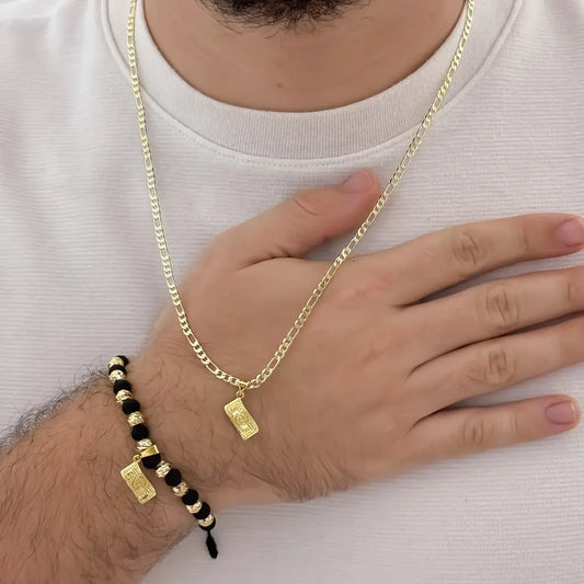 Conjunto De Caballero Con Cadena De Tejido Cartier, Dije De Dolar Y Manilla Con Dije De Dolar
