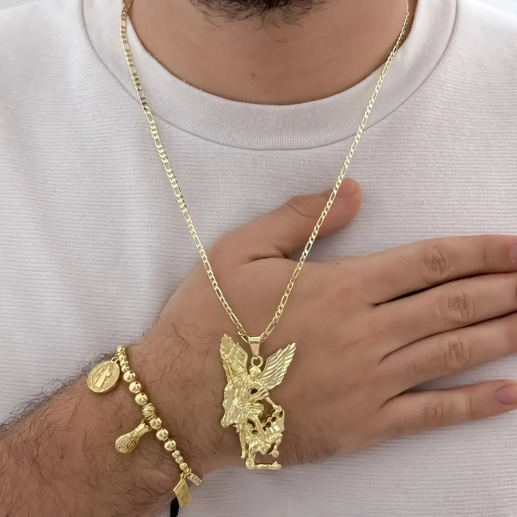 Conjunto De Caballero Con Cadena De Tejido Cartier, Dije De San Miguel Y Manilla De La Abundancia De 3 Dijes