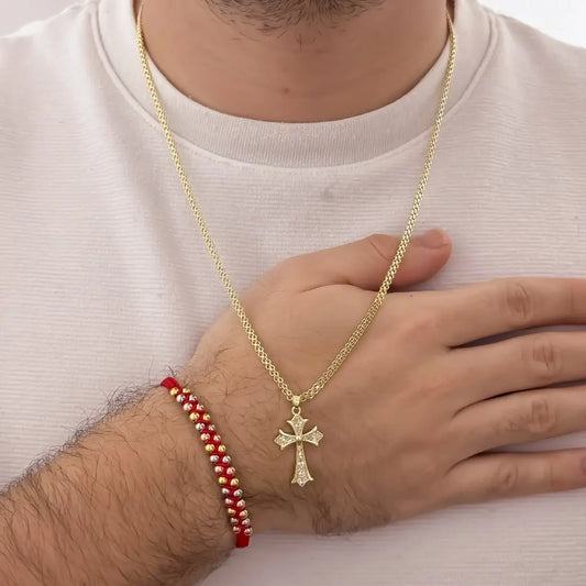 Conjunto De Caballero Con Cadena De Tejido Chino, Dije De Cruz Blanca Y Manilla Tres Oros De Dos Carriles