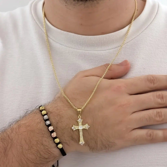Conjunto De Caballero Con Cadena De Tejido Chino, Dije De Cruz Cristal Y Manilla Tres Oros