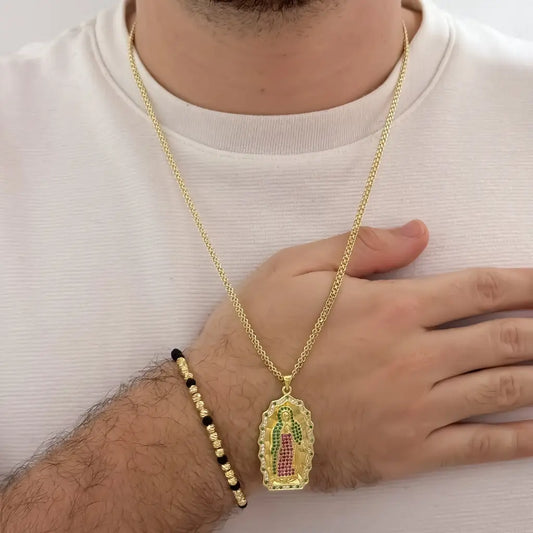 Conjunto De Caballero Con Cadena De Tejido Chino, Dije De La Virgen De Guadalupe Y Manilla De Balines Italianos Y Neoprenos