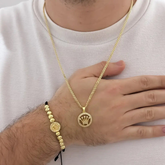 Conjunto De Caballero Con Cadena De Tejido Chino, Dije De Rolex, Manilla Italiana Con Herraje Rolex