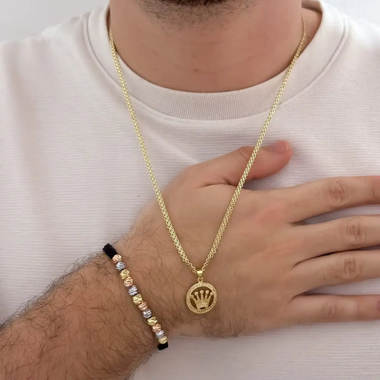 Conjunto De Caballero Con Cadena De Tejido Chino, Dije Rolex Y Manilla Tejida De Balines Italianos Tres Oros