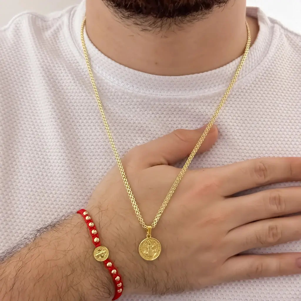 Conjunto De Caballero Con Cadena De Tejido Chino, Dije Y Manilla Con Balines Lisos De San Benito