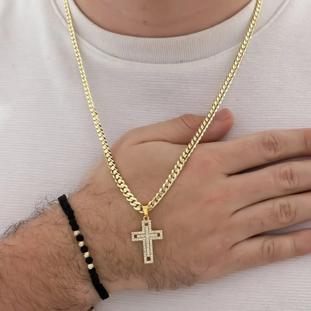 Conjunto De Caballero Con Cadena De Tejido Cubana Plana, Dije De Cruz Cristal Y Manilla