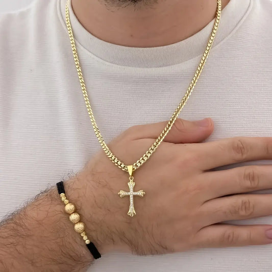 Conjunto De Caballero Con Cadena De Tejido Cubana, Cruz Cristal Y Manilla Diamantada E Italiana.