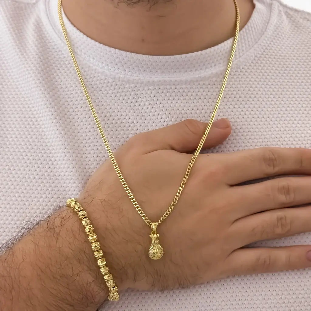 Conjunto De Caballero Con Cadena De Tejido Cubana, Dije De Bolsa De Dinero Y Manilla Italiana