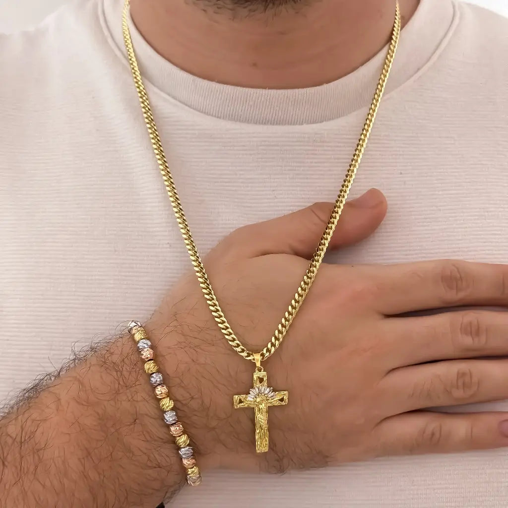 Conjunto De Caballero Con Cadena De Tejido Cubana, Dije De Crucifijo Y Manilla De Balines Tres Oros