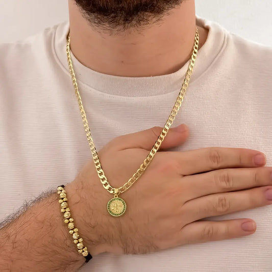 Conjunto De Caballero Con Cadena De Tejido Cubana, Dije De San Benito Y Manilla De 2X1 Carriles