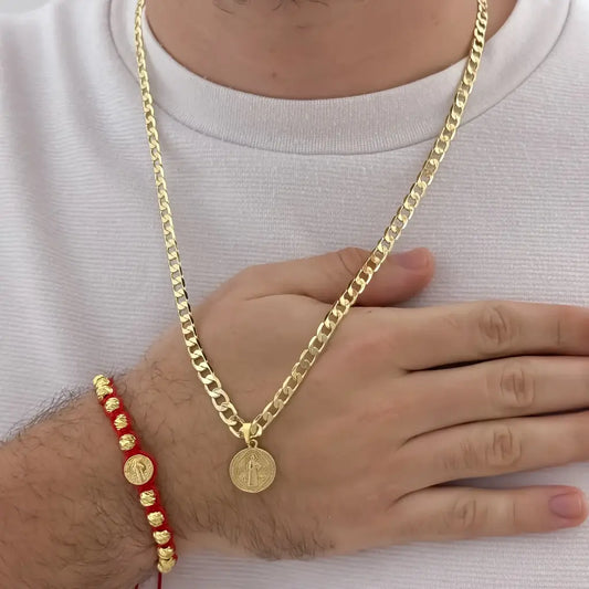 Conjunto De Caballero Con Cadena De Tejido Cubana, Dije De San Benito Y Manilla Roja De San Benito
