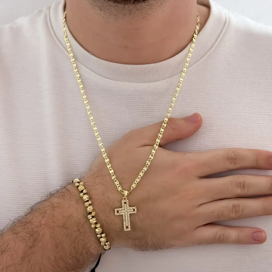 Conjunto De Caballero Con Cadena De Tejido Escalera Con Destellos, Dije De Cruz Cristal Y Manilla Italiana De Tejido 2X1