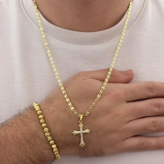 Conjunto De Caballero Con Cadena De Tejido Escalera Con Destellos, Dije De Cruz Y Manilla Italiana