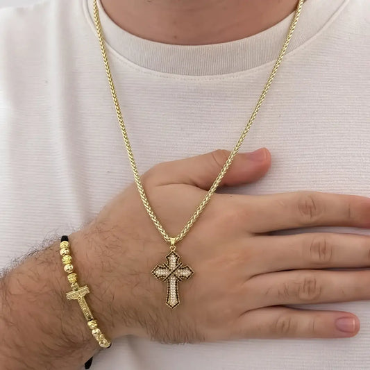 Conjunto De Caballero Con Cadena De Tejido Franco, Dije De Cruz Cristal Y Manilla Italiana Con Herraje De Cruz