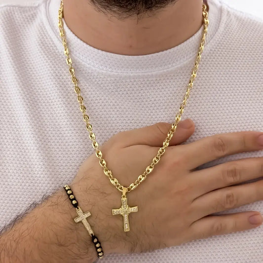 Conjunto De Caballero Con Cadena De Tejido Gucci, Dije De Cruz Cristal Y Manilla Con Herraje De Cruz