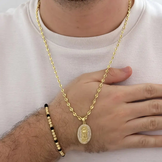 Conjunto De Caballero Con Cadena De Tejido Gucci, Dije De La Virgen De Guadalupe Y Manilla De Balines Italianos Y Neoprenos