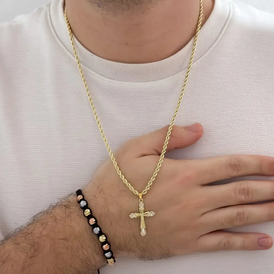 Conjunto De Caballero Con Cadena De Tejido Lazo, Dije De Cruz Cristal Y Manilla Tejida De Tres Oros