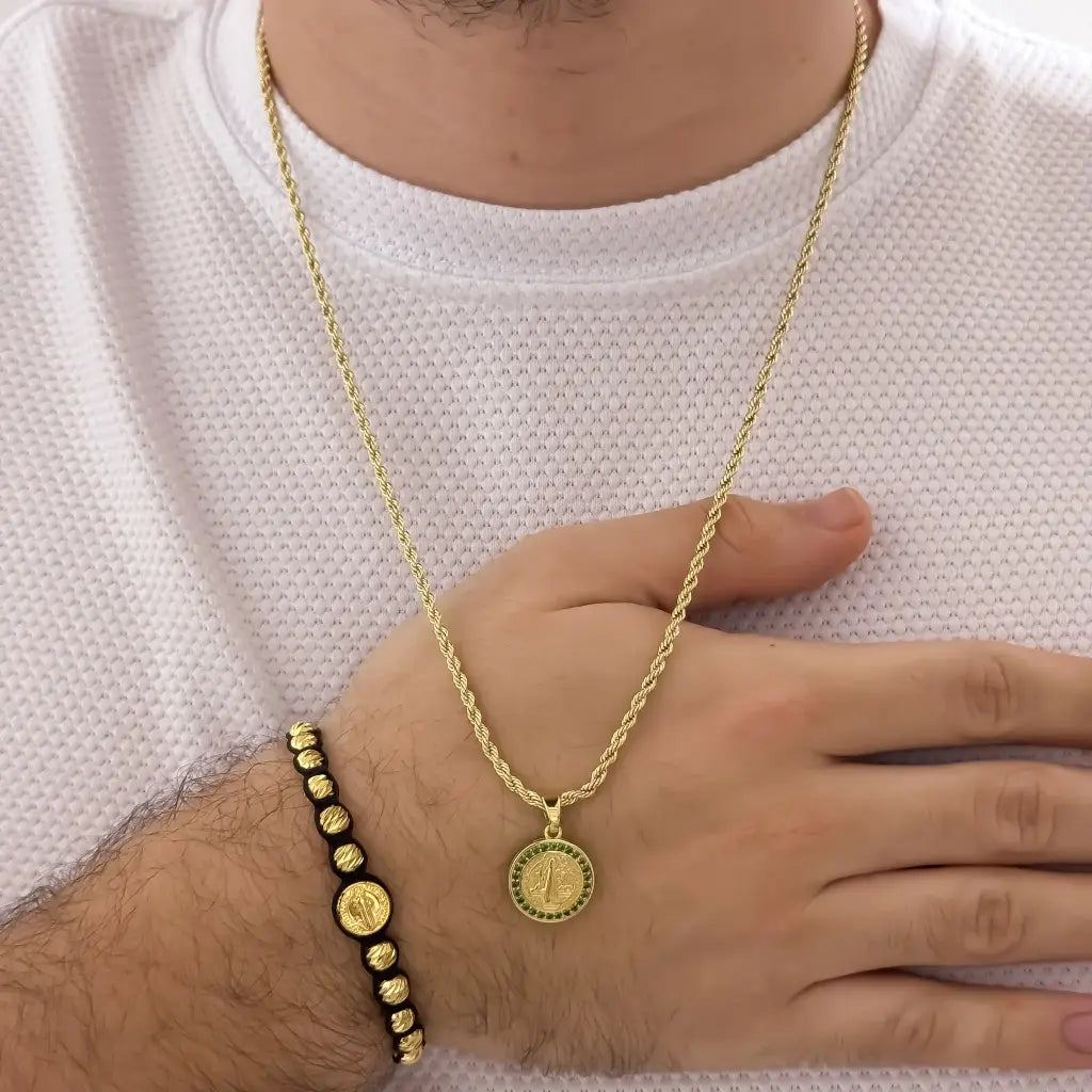 Conjunto De Caballero Con Cadena De Tejido Lazo, Dije Y Manilla De San Benito