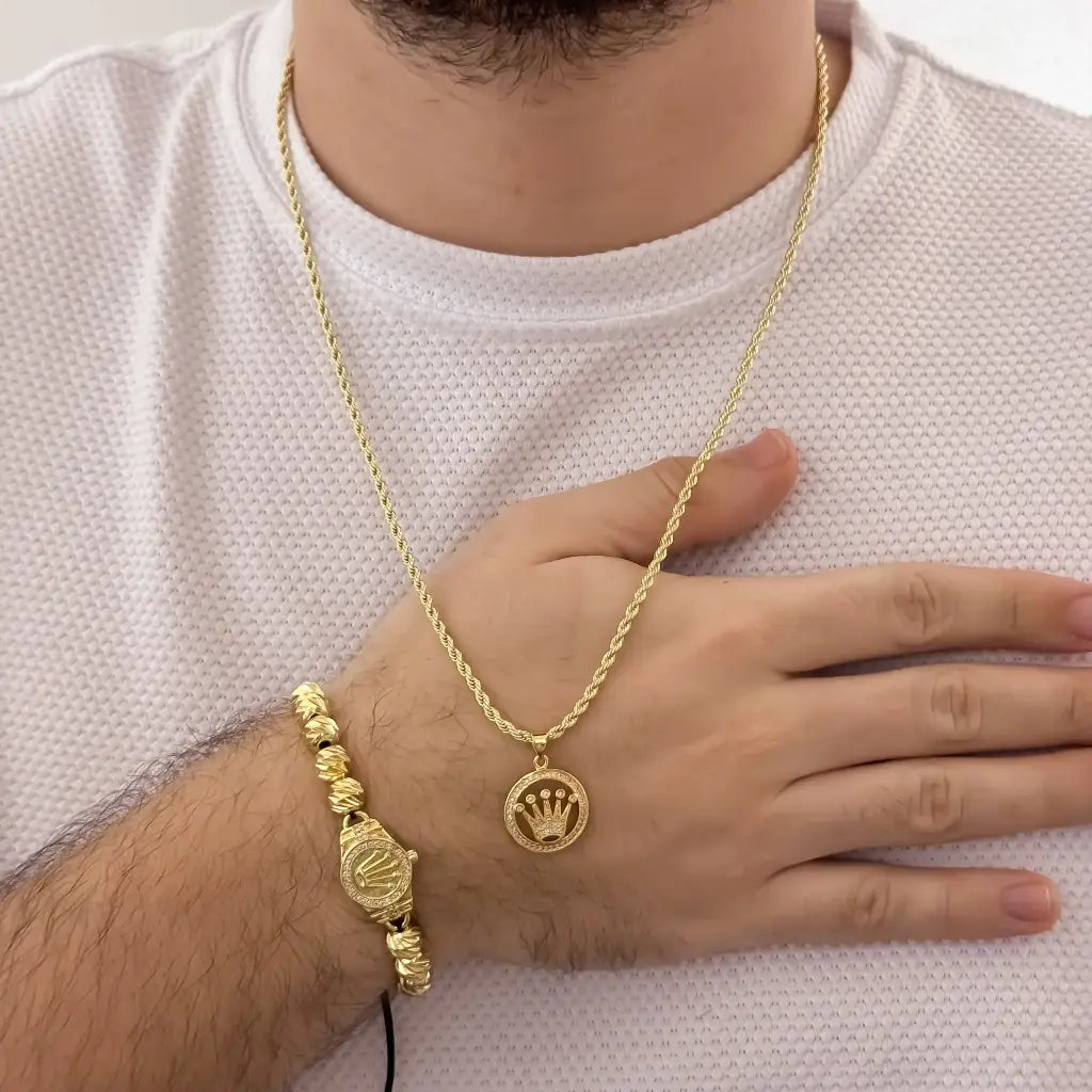 Conjunto De Caballero Con Cadena De Tejido Lazo, Dije Y Manilla Italiana Con Herraje Rolex