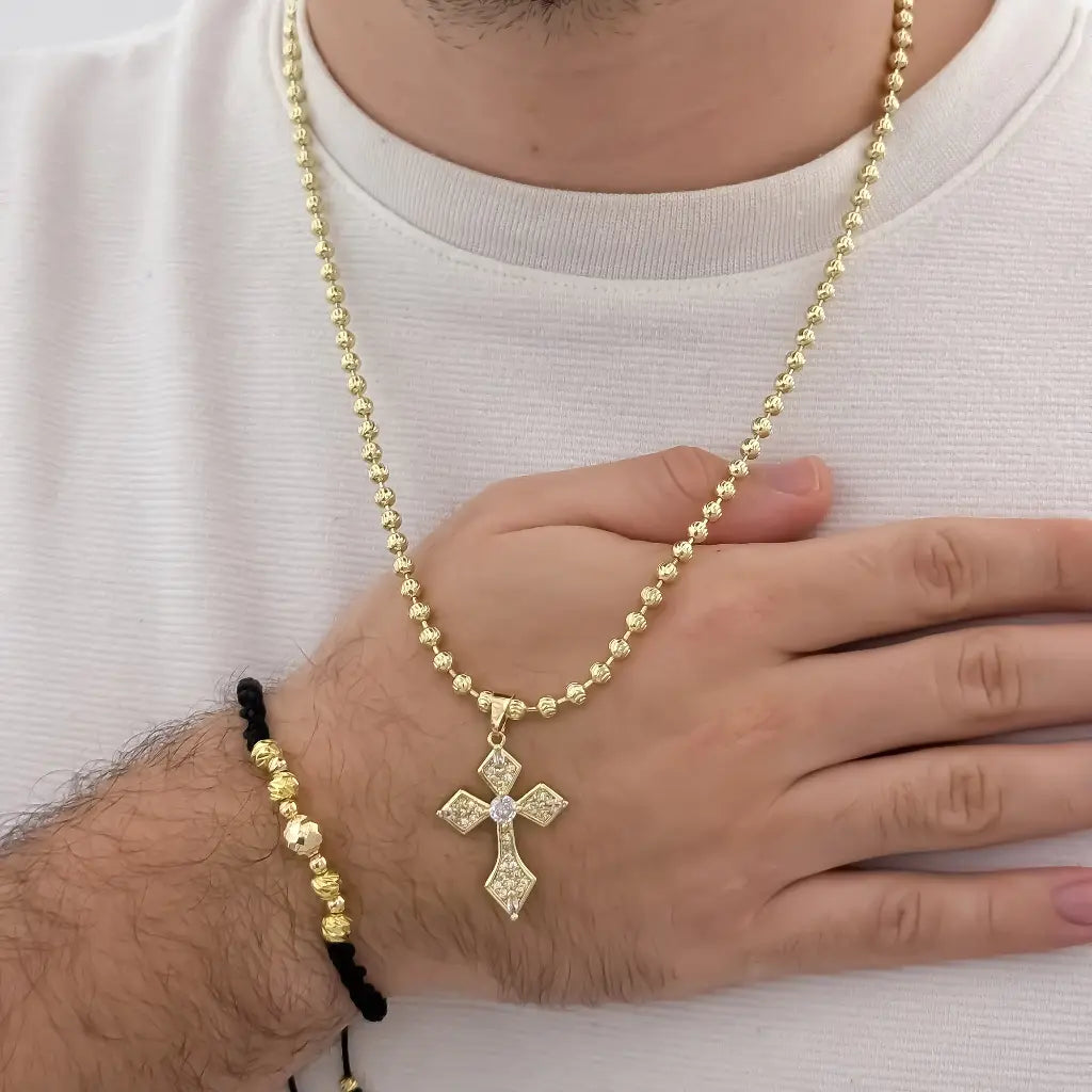 Conjunto De Caballero Con Cadena De Tejido Militar, Cruz Cristal Y Manilla
