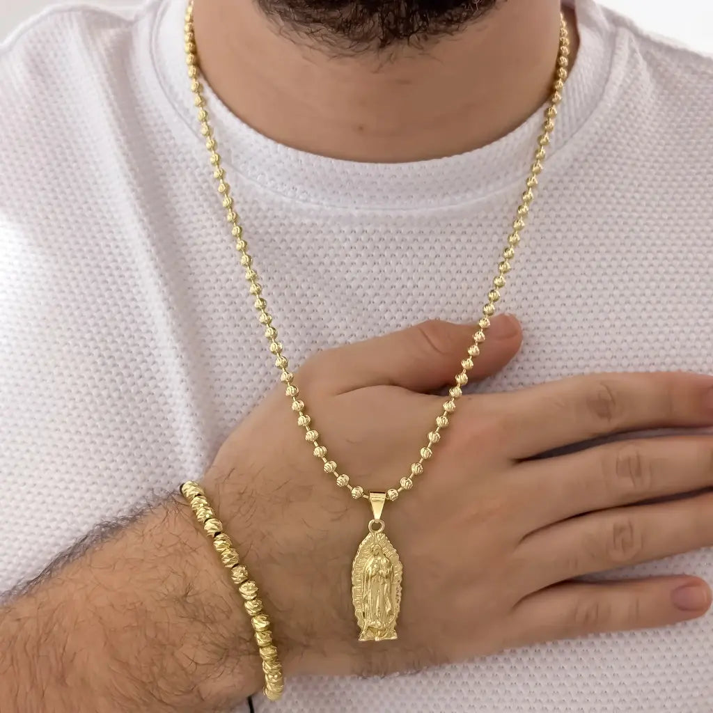 Conjunto De Caballero Con Cadena De Tejido Militar, Dije De La Virgen De Guadalupe Y Manilla Italiana