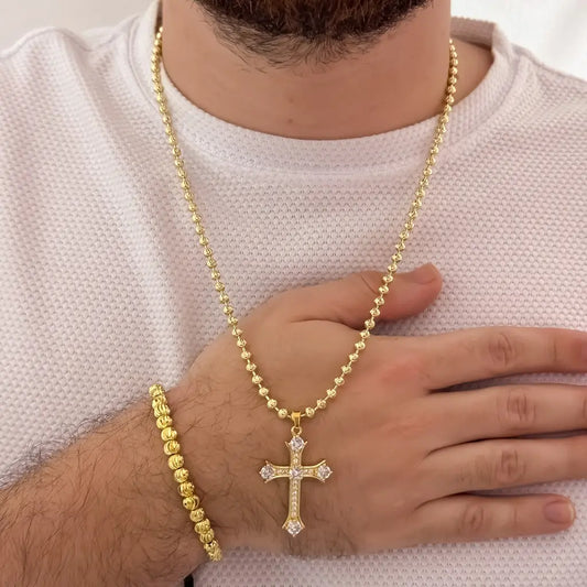 Conjunto De Caballero Con Cadena Militar, Dije De Cruz Cristal Y Manilla Italiana