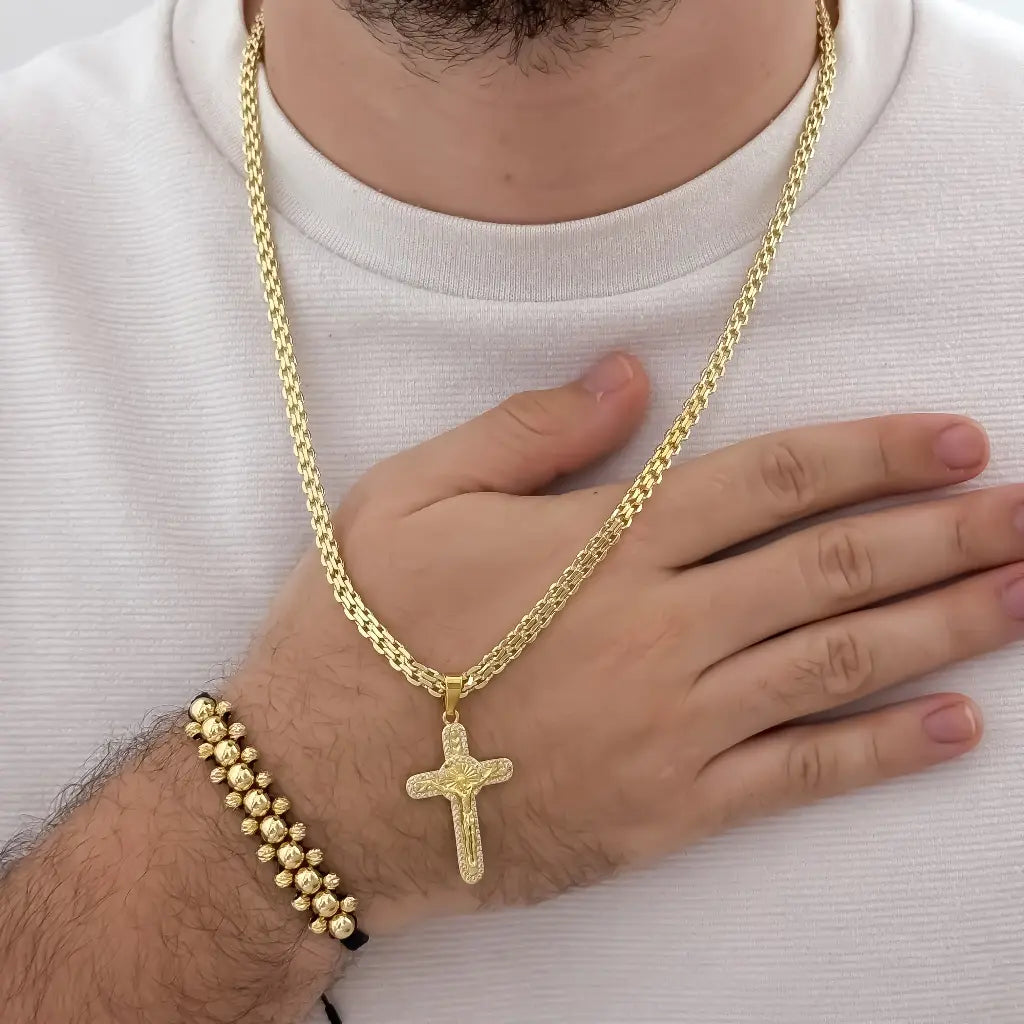 Conjunto De Caballero Con Cadena Tejido Chino, Dije De Crucifijo Y Manilla De Tres Carriles