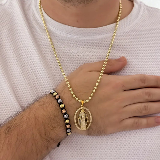 Conjunto De Caballero Con Cadena Tejido Militar, Dije De La Milagrosa Y Manilla Tejida De Balines Tres Oros