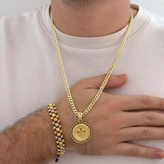 Conjunto De Caballero de Tejido Cubana, Dije Rolex Y Manilla Tres Oros De Tres Carriles