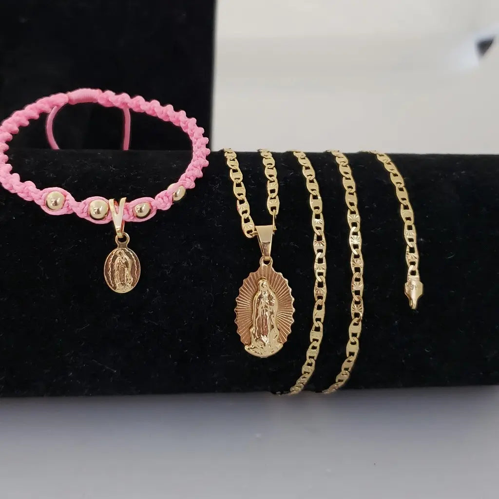 Conjunto De Dama Con Cadena De Tejido Escalera De 50cm-3mm De Grosor Con Dije De La Virgen De Guadalupe + Manilla Rosa Con Dije De La Virgen De Guadalupe + Envío Gratis