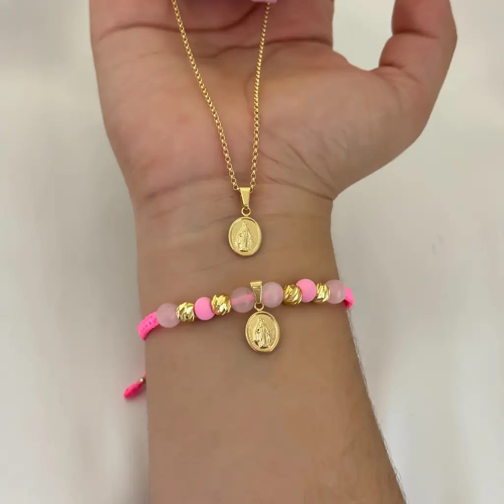 Conjunto De Dama Con Cadena De Tejido Aros Y Dije De La Virgen Milagrosa + Manilla Con Dije De La Virgen Milagrosa