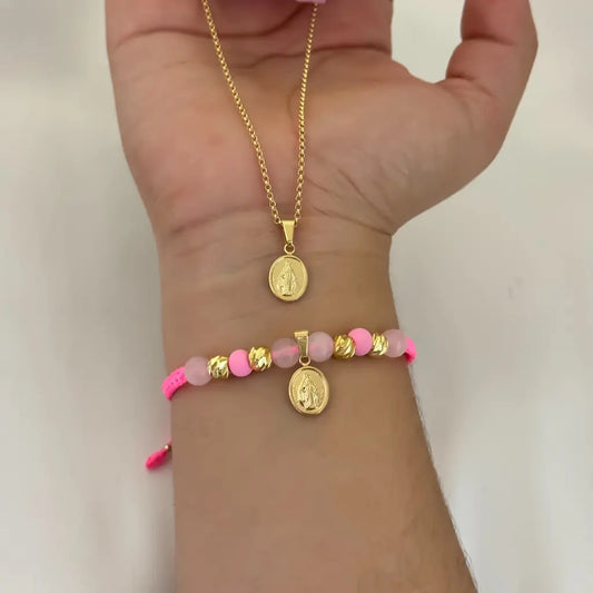 Conjunto De Dama Con Cadena De Tejido Aros Y Dije De La Virgen Milagrosa + Manilla Con Dije De La Virgen Milagrosa