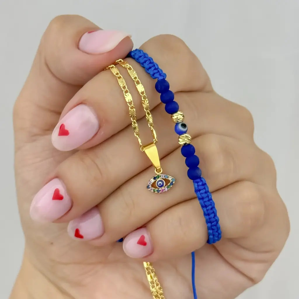 Conjunto De Dama Con Cadena De Tejido Caracol De Destellos Con Dije De Ojo Turco Y Manilla + Envío Gratis