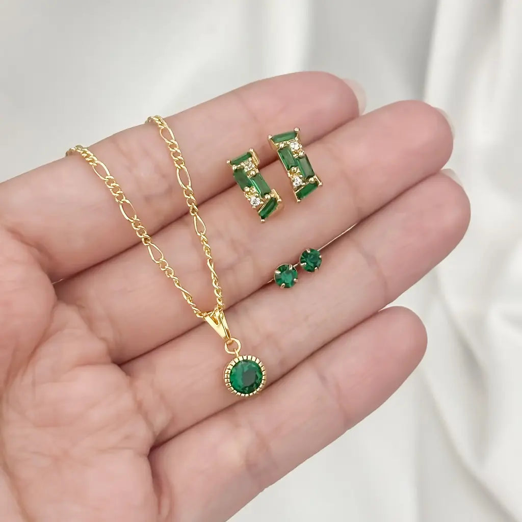 Conjunto De Dama Con Cadena De Tejido Cartier Con Dije Y Dos Pares De Topos De Cristal Verde + Envío Gratis