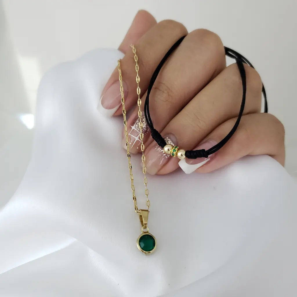 Conjunto De Dama Con Cadena De Tejido Crispeta Y Dije De Cristal Esmeralda + Manilla Con Rondel Verde + Envío Gratis