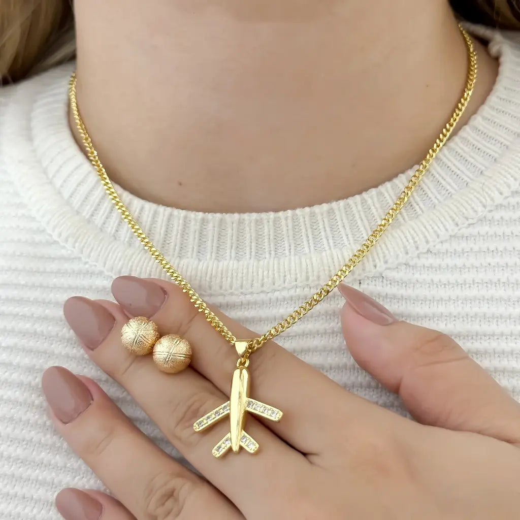 Conjunto De Dama Con Cadena De Tejido Cubana, Dije De Avión Y Par De Topos Balín + Envío Gratis