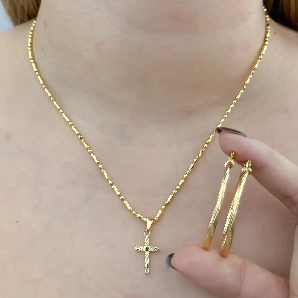 Conjunto De Dama Con Cadena De Tejido Militar Con Cilindros, Cruz Y Candongas De 35mm