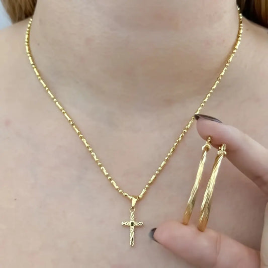Conjunto De Dama Con Cadena De Tejido Militar Con Cilindros, Cruz Y Candongas De 35mm