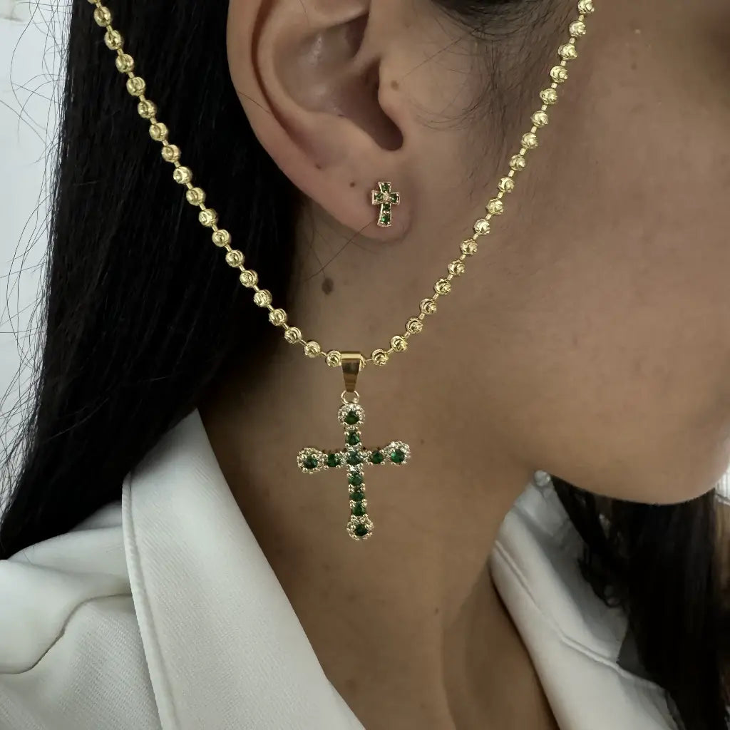 Conjunto De Dama Con Cadena De Tejido Militar Diamantada Y Topos Y Dije De Cruz Verde + Envío Gratis