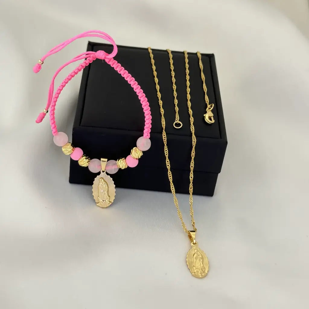 Conjunto De Dama Con Cadena De Tejido Singapur Con Dije De La Virgen De Guadalupe + Manilla Con Dije De La Virgen De Guadalupe + Envío Gratis