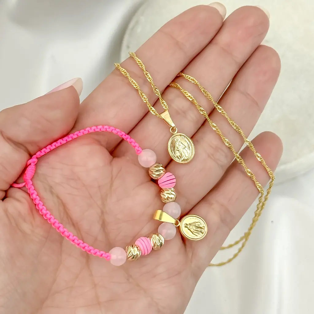 Conjunto De Dama Con Cadena De Tejido Singapur Con Dije Y Manilla De La Milagrosa + Envío Gratis