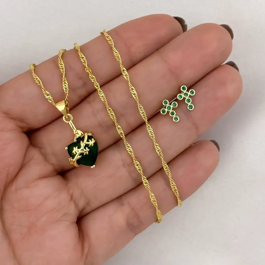Conjunto De Dama Con Cadena De Tejido Singapur, Dije De Corazón Verde Y Par De Topos De Cruz De Piedras Verdes