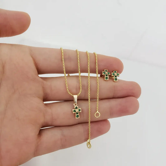 Conjunto De Dama Con Cadena De Tejido Veneciano De 50cm-1mm De Grosor Con Dije De Cruz Verde Y Topos De Cruz Verde + Envío Gratis