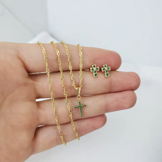 Conjunto De Dama Con Cadena Singapur Con Dije Y Topos De Cruz Esmeralda + Envío Gratis