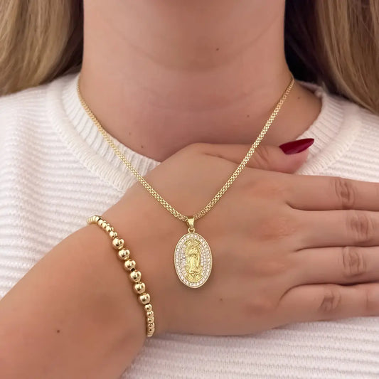 Conjunto De Dama Con Cadena Tejido Chino, Dije De La Virgen De Guadalupe Cristal Y Manilla Full Balines