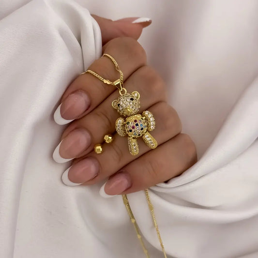Conjunto De Dama Con Cadena Tejido Cubana Con Corazones, Dijes De Oso Y Par De Topos Balin