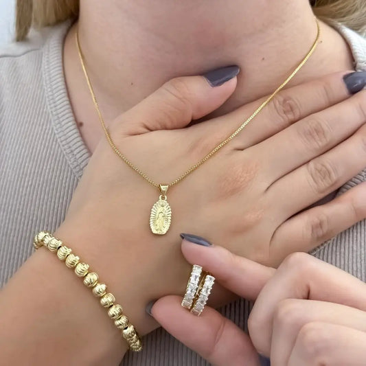 Conjunto De Dama Con Cadena Tejido Veneciano, Dije De La Virgen De Guadalupe, Par De Candongas Cristal Y Manilla Italiana