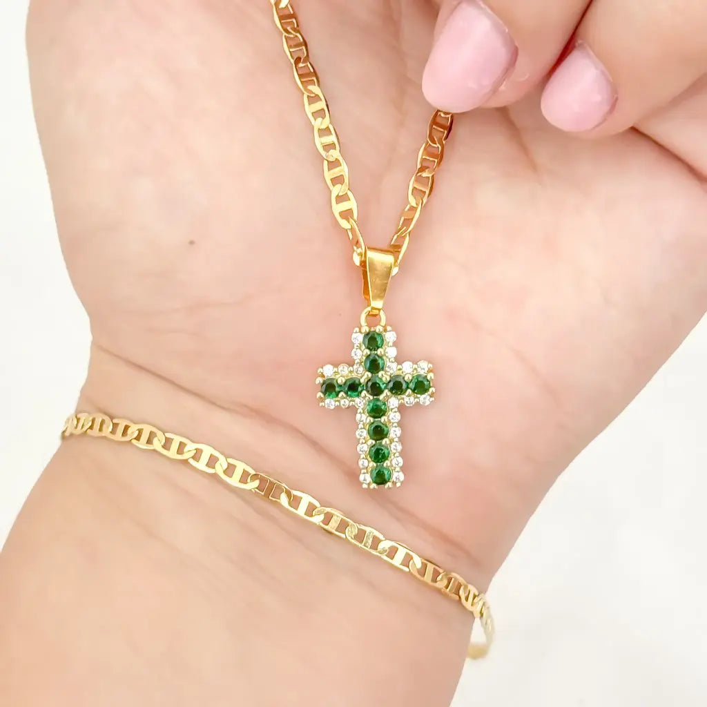 Conjunto De Dama Con Cadena Y Esclava De Tejido Escalera Y Dije De Cruz + Envío Gratis