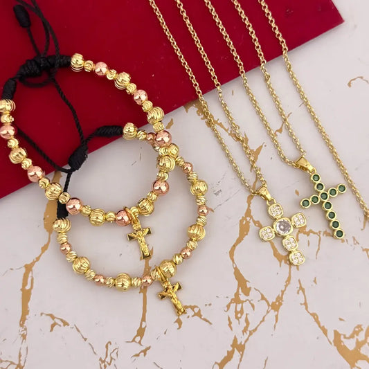 Conjuntos Para Parejas Con Cadenas De Tejido Aros, Dijes De Cruces Y Manillas Italianos Con Balines Rosas Y Dijes De Cruces